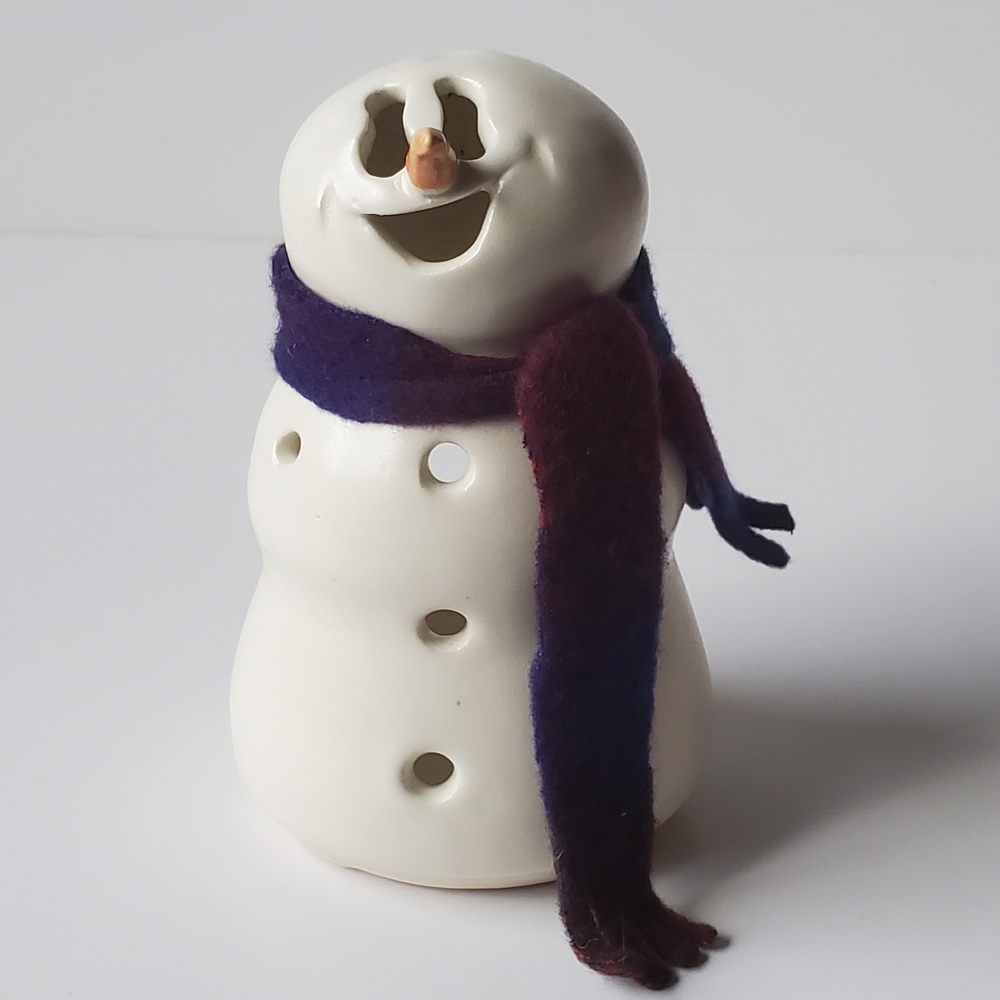 Signed Studio Pottery Snowman Tea Light Candle Holder With Soft Scarf EUC